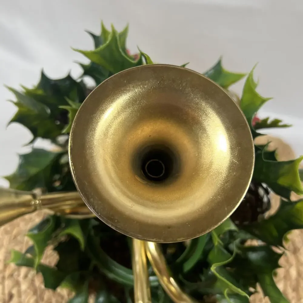 Vintage Brass Horn Trio w/ Candle Ring Holly Christmas for Taper Candlesticks
